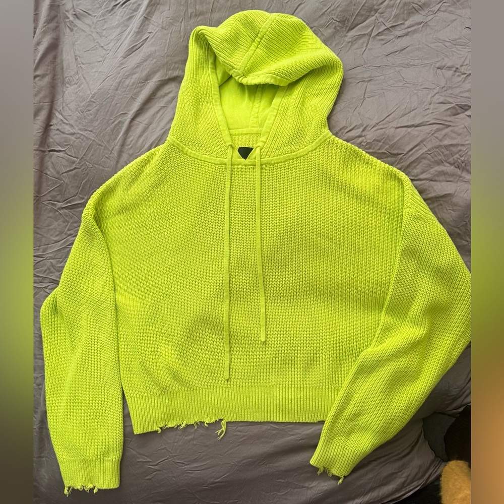 RtA Neon Green Knit Cropped Hoodie – 100% Cotton